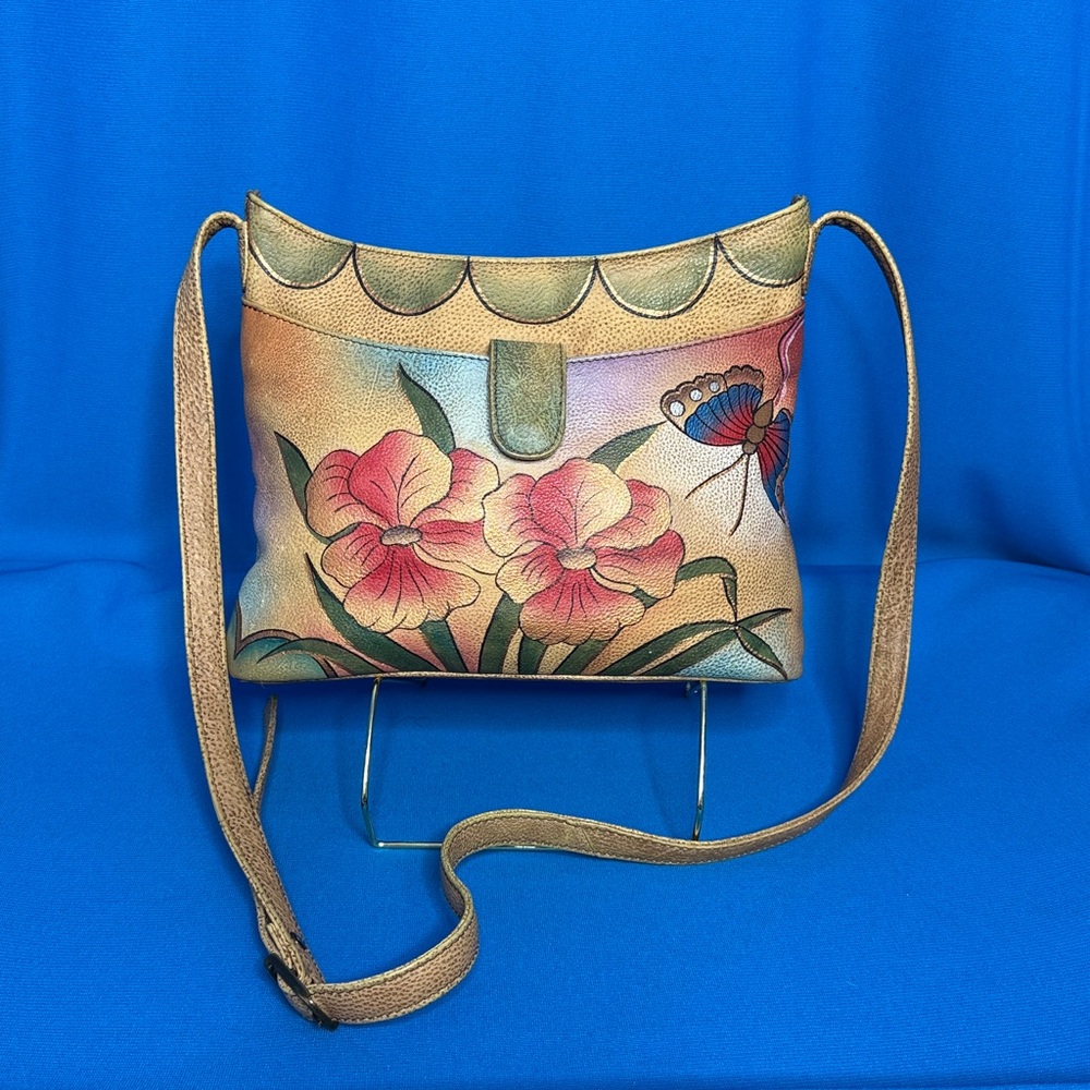 ANNA ANUSCHKA GENUINE LEATHER BUTTERFLY FLORAL / FLOWERS SHOULDER CROSSBODY BAG